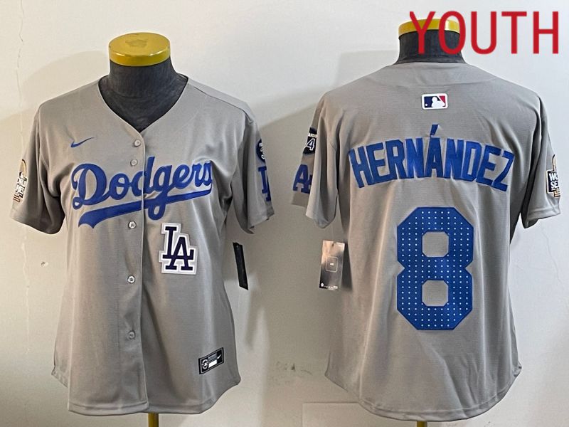 Youth Los Angeles Dodgers #8 Hernandez Grey Game 2024 Nike MLB Jersey style 1205